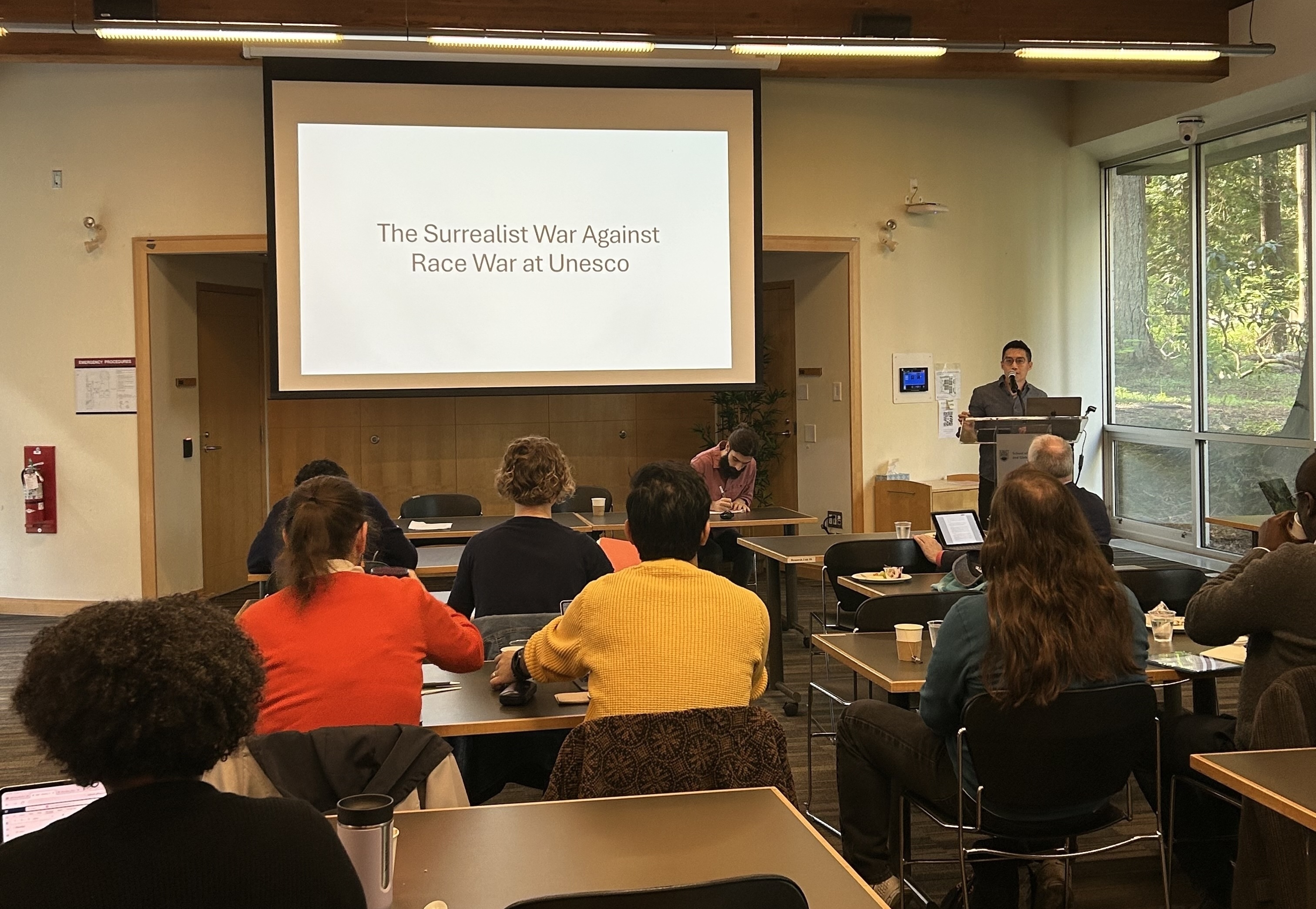 Kevin Duong presenting his paper "Surrealist Anticolonialism Before the Second World War"