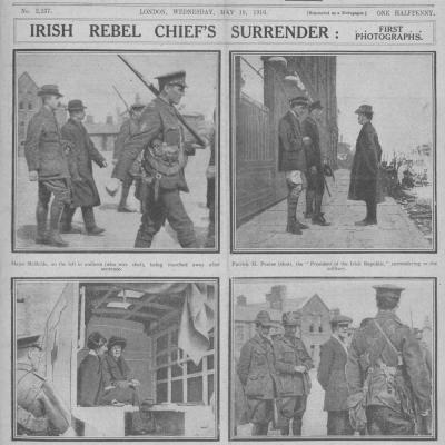 Front Cover of London Newspaper, Daily Sketch, featuring four photos on the arrests and sentencing of participants in Ireland’s Easter Rebellion, May 10, 1916